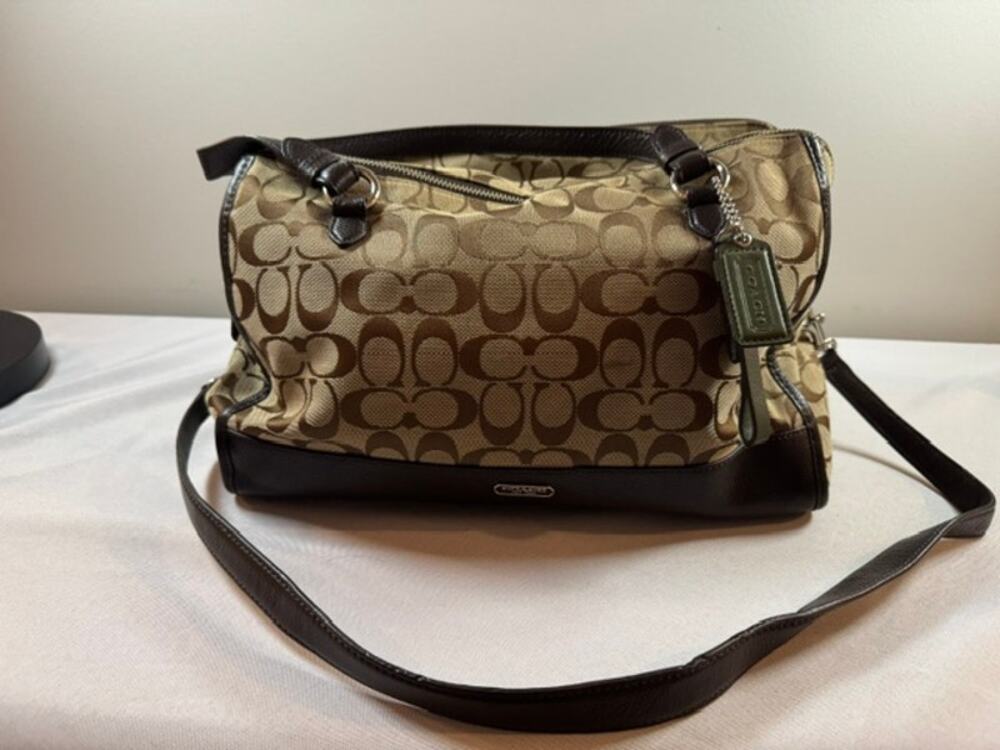 Coach F31921 Signature Triple Zip Satchel Shoulder Bag Khaki Brown Leather